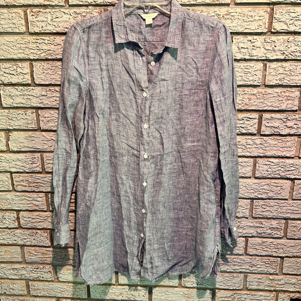 Garnet Hill Womens Blue 100% Linen Long Sleeve Button Down Tunic Shirt XS